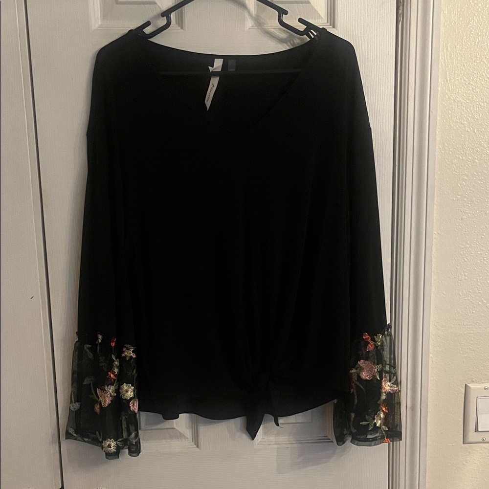 Collection B Black Top with Floral Sleeves